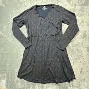 Kuhl Anya Wrap Dress Women Blue Gold Abstract Dot Long Sleeve Organic‎ Cotton L